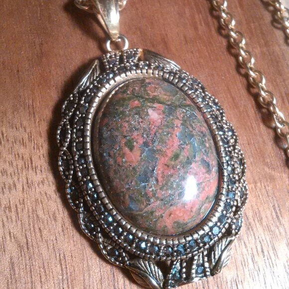 Unakite and Marcasite Goldtone Pendant Necklace - Picture 1 of 15